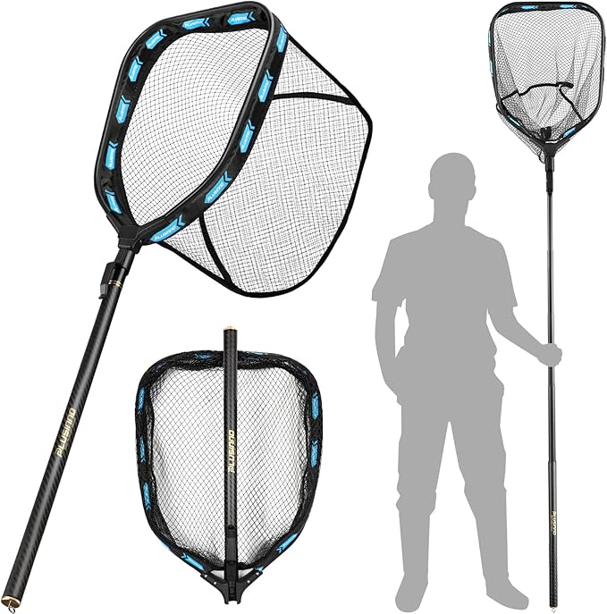 PLUSINNO Floating Fishing Net with Telescoping Handle, Carbon Fiber Ultralight Long Fish Net, Collapsible Landing Net 6.56/7.86Ft, Fishing Gear Kayak Accessories for Bass Trout Salmon