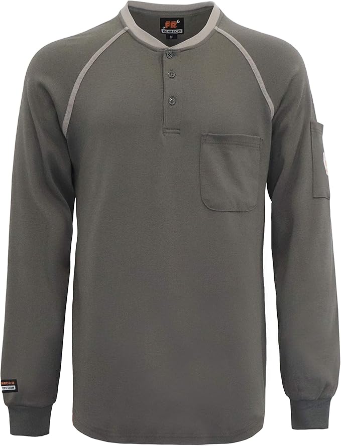 KONRECO FR Shirts for Men Long Sleeve 7oz Cotton Flame Resistant/Fire Retardant CAT2 Henley Shirt