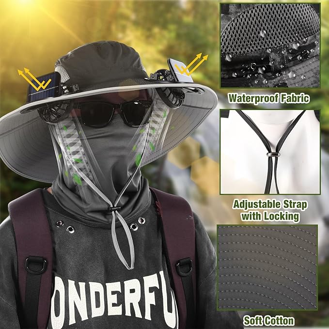 Syhood Solar Powered Fan Hat with Arm Sleeves Neck Gaiter for Men Women Outdoor Wide Brim Bucket Hat with Fan for Hiking