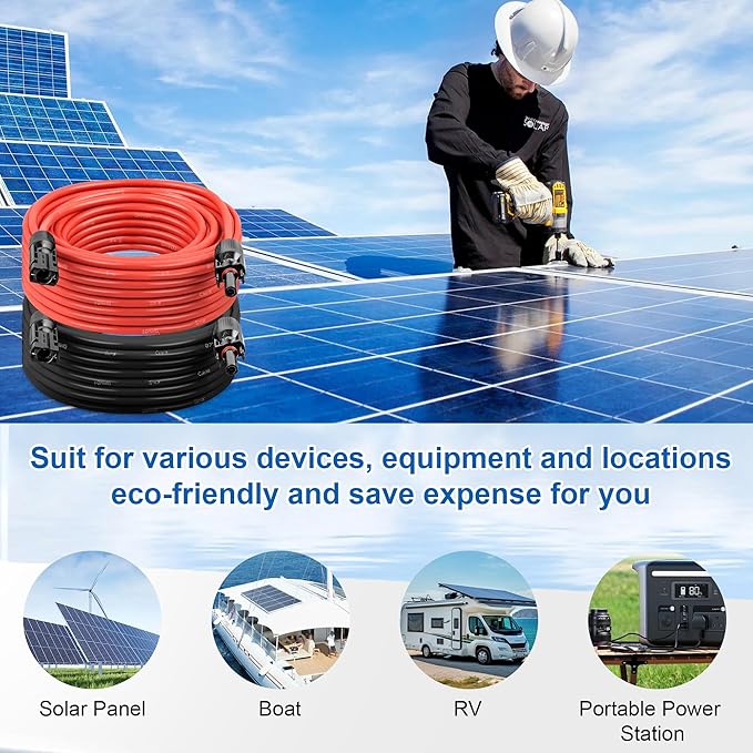 50 FT 10AWG Solar Panel Extension Cable,10 Gauge Extension Cord,5FT 10FT 20FT 30FT 50FT 100FT Solar Panel Wire with Extra Fair of Female and Male Connectors Solar Adapter for RV, Photovoltaic Systems