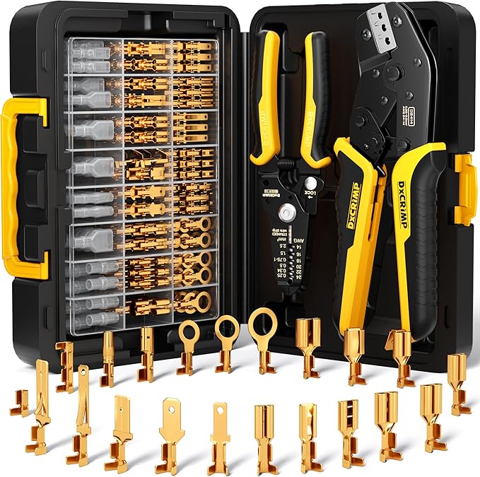 Crimping Tool Kit, 21-Type Open Spade & Quick-Disconnect Connector Set (2.8/3.9/4.8/6.3 mm) Non-Insulated Terminals with Wire Stripper, 24–14 AWG Ratcheting Crimper, for Auto, Appliance, DIY