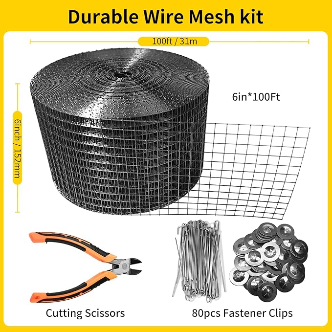 Solar Panel Bird Guard,6in X 100ft Critter Guard for Solar Panels,1/2inch mesh Black Coated Galvanized Rust-Resistant Net,roof Protection net Kit,with 80 Fastener Clips and Cutting Scissor