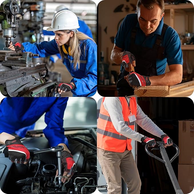 'HANDLANDY Fingerless Work Gloves for Men and Women Utility Padded Half Finger Driving Working Gloves (Small, Red)