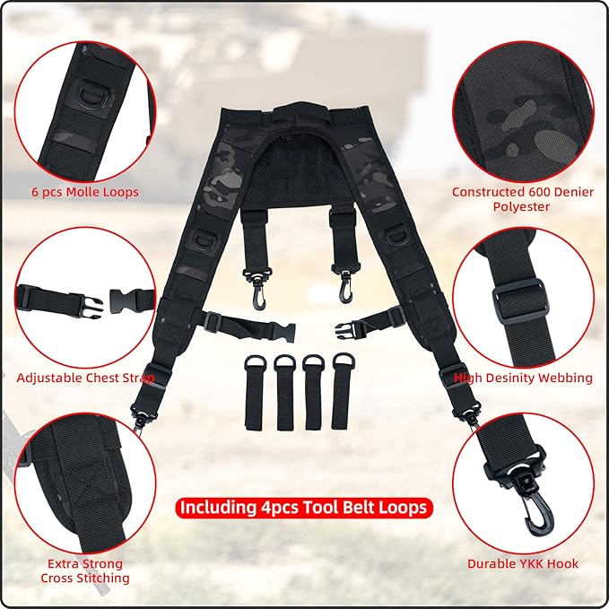 MELOTOUGH Tactical Outdoor H-Harness Duty Belt Suspenders (Battle Belt not Included)