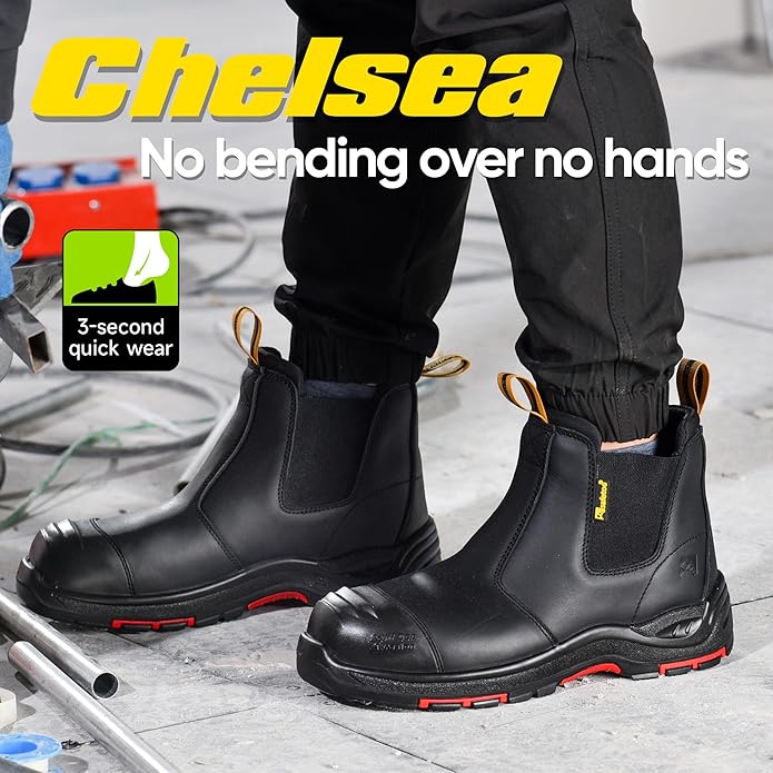 Mens Work Boots Steel Toe Chelsea Safety Boots Cow Leather Waterproof Lightweight Working Shoes