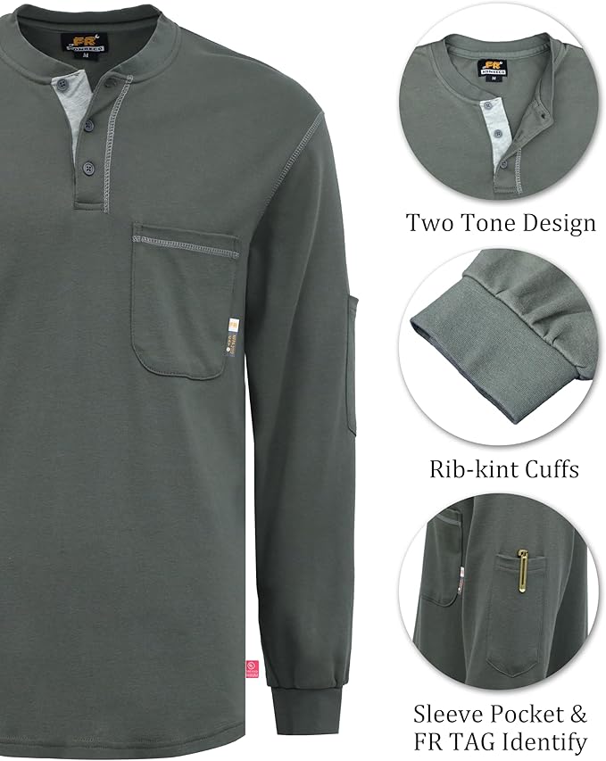 KONRECO FR Shirts for Men Long Sleeve 7oz Cotton Flame Resistant/Fire Retardant CAT2 Henley Shirt
