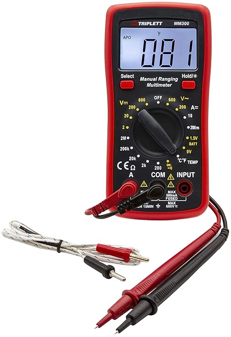 Triplett MM300 True RMS 2000 Count Manual Ranging Digital Multimeter with Certificate of Calibration to NIST - AC/DC Voltage, AC/DC Current, Resistance, Temperature, Diode, Continuity
