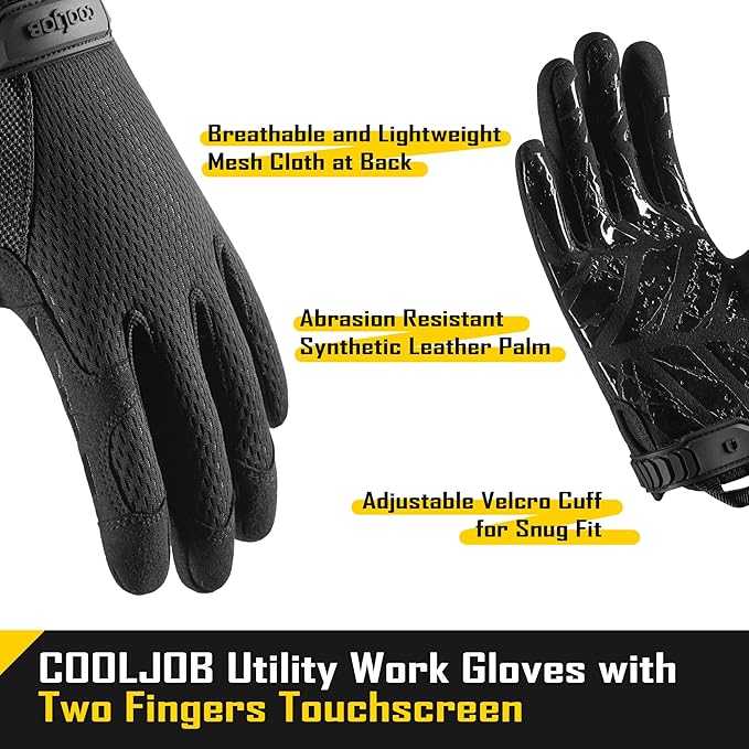 COOLJOB Mechanic Safety Work Gloves, Enhanced Anti-Slip Grip Tactical Gloves, Touchscreen, Breathable, Ultra-Soft, S-XL