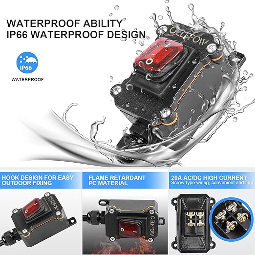 Waterproof On Off Toggle Switch with Red Light Rocker Button Inline Cord Switch DPST AC/DC 20A-125V,16A-250V,30A-24V,35A-12V, IP66