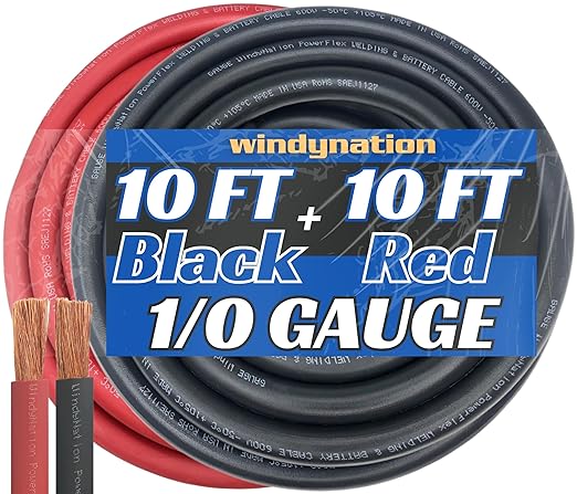 WNI 1/0 Gauge 10 Feet Black 10 Feet Red 1/0 AWG Ultra Flexible Welding Battery Copper Cable Wire - Made in The USA - Car, Inverter, RV, Solar