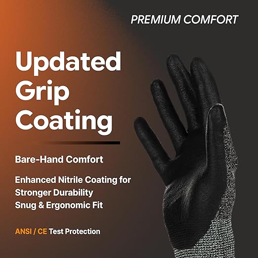 DEX FIT Nitrile Work Gloves FN330, 1 Pair, 3D-Comfort Stretchy Fit, Firm Grip, Thin & Lightweight, Touch-Screen Compatible, Durable, Breathable & Cool, Machine Washable; Black Grey XL (10)
