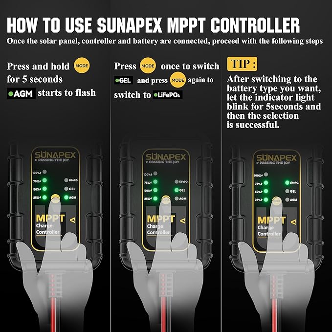 SUNAPEX 12V MPPT Solar Charge Controller, Solar Panel Regulator with SAE Connectors, Compatible with SUNAPEX 15W, 25W, 50W Solar Panels, or Other Solar Panels Within 50W, for Gel, AGM,LiFePO₄Battery