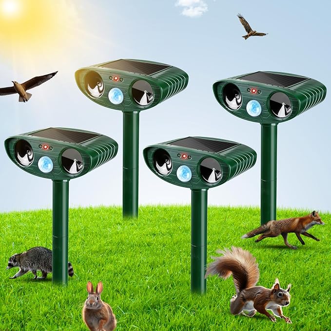 4 Pack Ultrasonic Animal Repellent Outdoor Solar Deer Repllent Devices Cat Deer Deterrent Scare Raccoon, Skunk, Rabbit, Dog, Waterproof with Motion Detector for Yard Garden