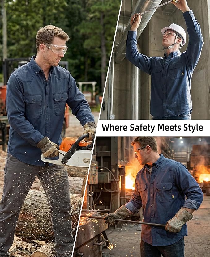 BOCOMAL FR Shirts Button Down Dura-Light 6.5 oz Soft Heather Series Utility Chest Pockets Flame Resistant Work Shirt CAT2