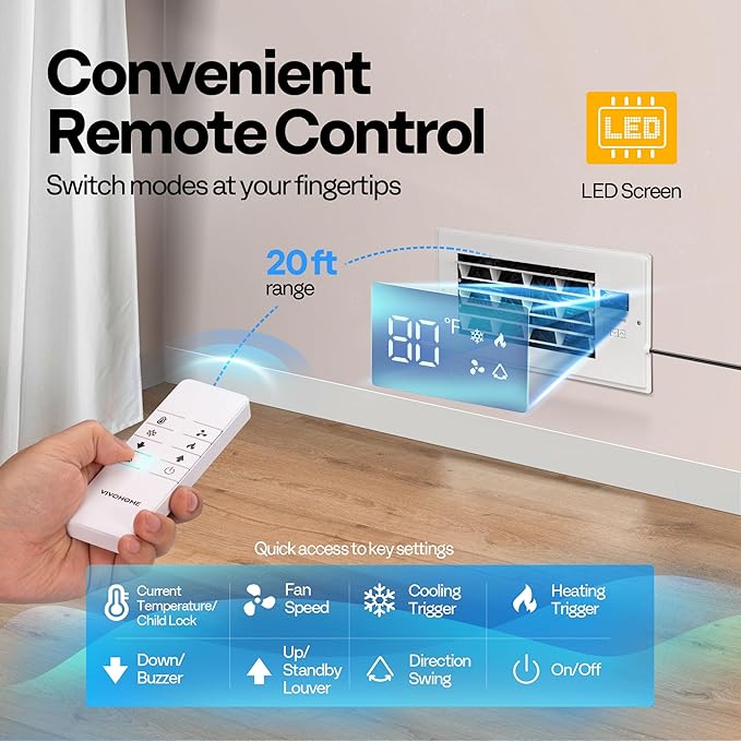 VIVOHOME Register Booster Fan - 6'' x 12'' Opening with Adjustable Louver - Smart Thermostat & 10-Speed Remote Control - AC Vent Fan for Floor, Ceiling, Wall - Quiet Operation (White)