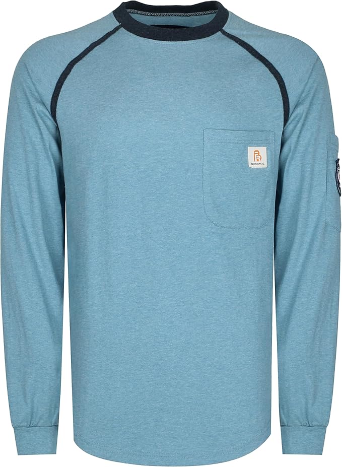 BOCOMAL FR Shirts for Men Crew Neck Long Sleeve 5.5oz Light Weight Flame Resistant/Fire Retardant Clothing Shirt