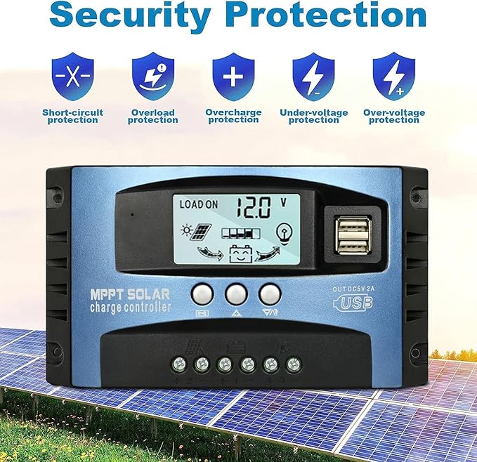 60A MPPT Solar Charge Controller, 12V/ 24V Solar Panel Battery Intelligent Regulator with Dual USB Port, LCD Display and Timer Setting ON/Off Hours