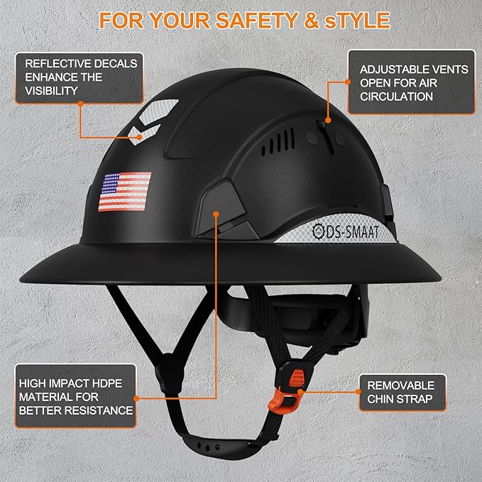 Full Brim Hard Hat ANSI Z89.1 Type 1 & OSHA Certified Safety Helmet with Glasses and Cooling Towel,with 6-Point Suspension & Adjustable Vents