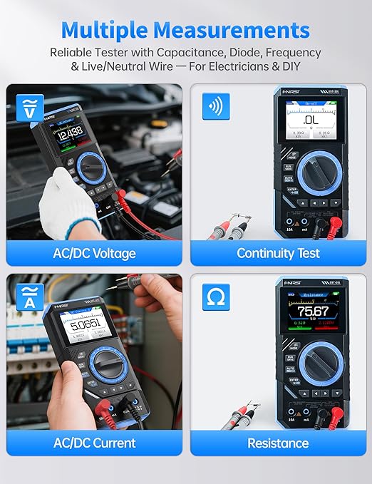 FNIRSI DST-201 3IN1 Digital Multimeter 19999 Counts TRMS, 1MHz Bandwidth Handheld Oscilloscope Multimeter DDS Generator, 5MSa/s Sample Rate, AC/DC Voltage Current Capacitor Resistor Diode Temperature