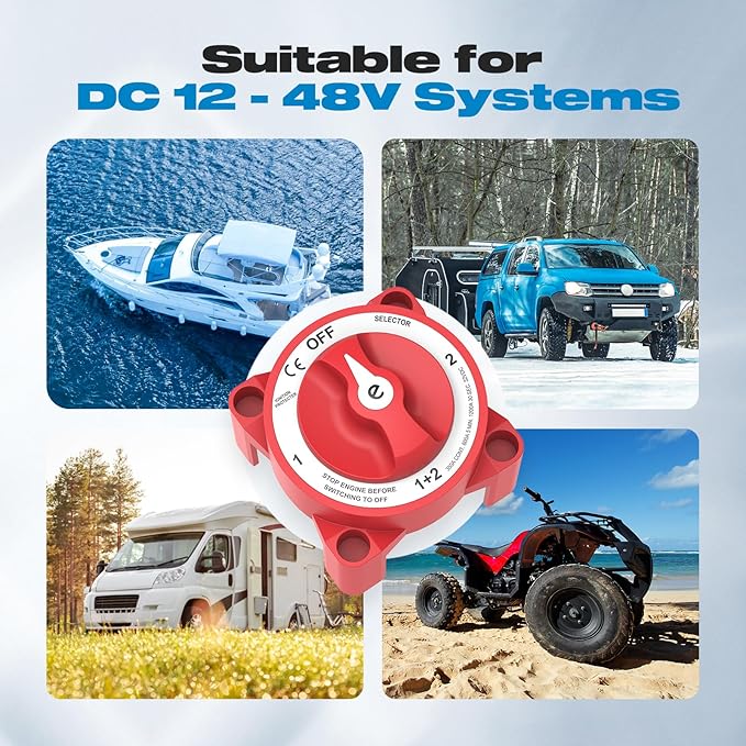 Battery Disconnect Switch, Malictele 350A 1-Both-2-Off Heavy Duty Cutoff Switch 12V-48V Waterproof Ignition Protected Power Kill Switch with Knob for Marine, Boat, Car, RV, Truck Battery - 4 Position