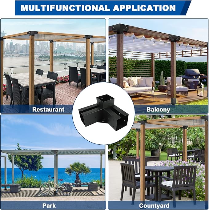 Pergola Gazebo Brackets Kit Nopwer - 3-Way Right Angle Corner Bracket for 4x4 Inch Wood Beams
