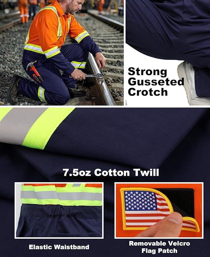 BOCOMAL FR Coveralls Men High Visibility 7.5oz Cotton Twill Flame Resistant Fire Retardant Work Coverall NFPA2112 HRC2