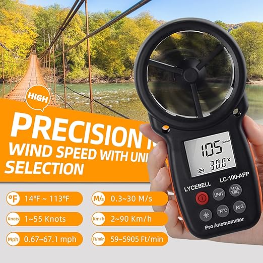 Wireless Anemometer with APP Bluetooth, Digital Handheld Wind Speed CFM Meter Measuring Temperature, Wind Chill, Air Flow Velocity, Wind Gauge for HVAC Outdoor Sailling Climbing Drone 100-APP