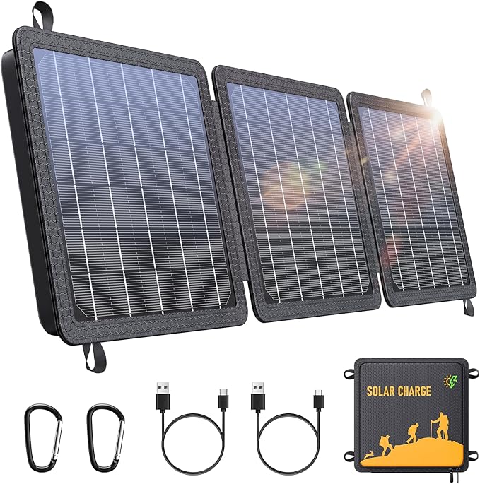 15W Small Portable Solar Panel Chargers (5V/3.0A USB-A/USB-C), IP65 Waterproof Foldable Solar Panel with Large Storage,Backpack Solar with 2 Carabiner for Camping,Hiking, Cell Phone,Tablet