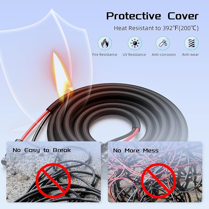 6FT Twin Wire Solar Panel Extension Cable, 10 Gauge PV Wire with IP68 Female & Male Waterproof Connectors, Flame Retardant Protective Sleeving and Dust Caps for Home, RV, Photovoltaic Systems