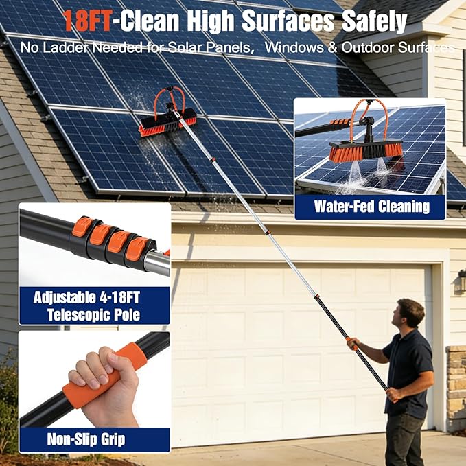 18FT Water Fed Pole Window Cleaning System & Solar Panel Cleaning Kit, Professional Window Washing Kit with Extension Pole, 180° Rotating Brush & Soap Dispenser