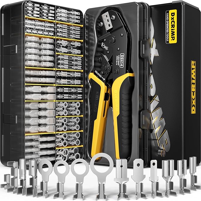 Crimping Tool Kit, 14-Type Open Spade & Quick-Disconnect Connector Set (2.8/3.9/4.8/6.3 mm) Non-Insulated Brass Terminals, 24–14 AWG Ratcheting Crimper, for Automotive, Marine, Appliance, DIY