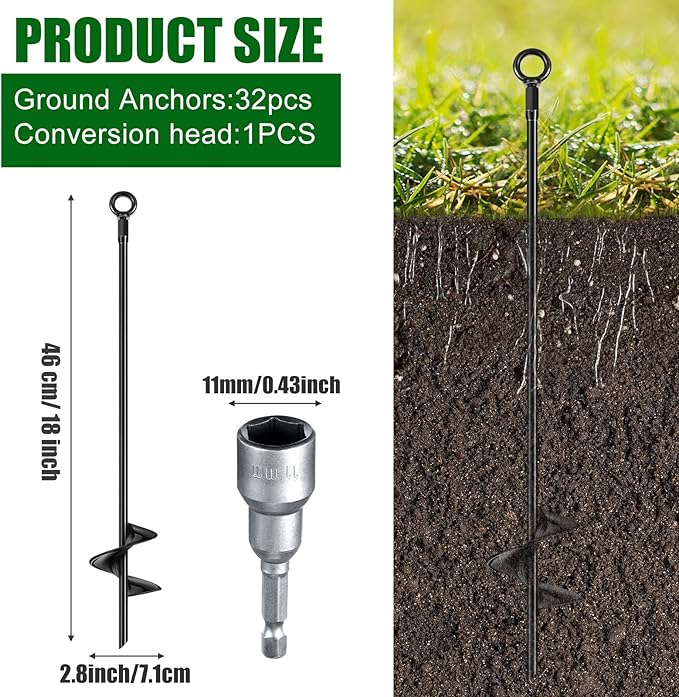 Chumia 12 Pcs 18 Inch Ground Anchor Spiral Blade Heavy Duty Earth Anchors Swing Set Metal Shed Kit for Garden Securing Trees Tents Trampoline Canopies Shelters (Black)