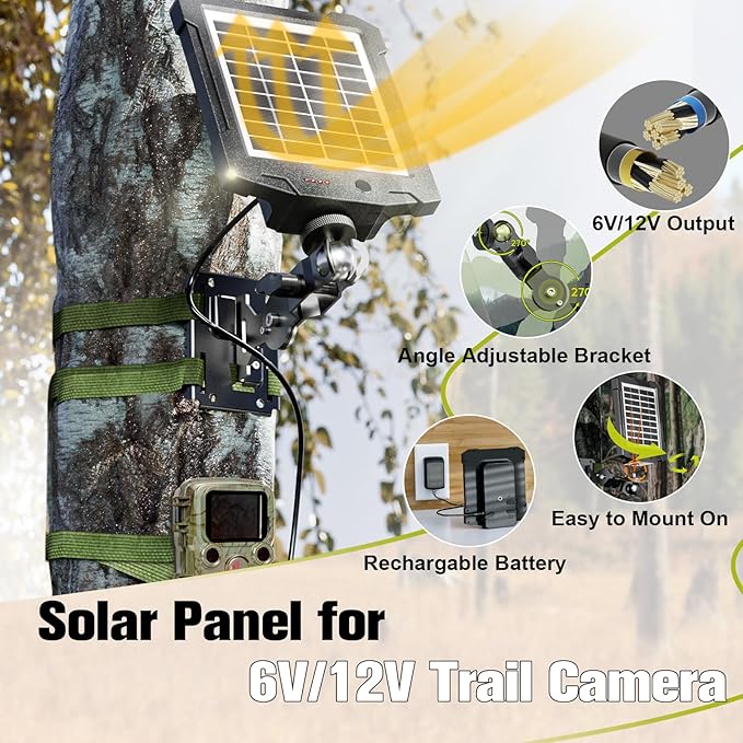 6V/12V Solar Panel for Trail Cameras, Deer Feeders & Outdoor Devices – 2000mAh Built-in Battery, IP66 Waterproof, with Mounting Bracket & Strap, Game Camera Solar Panel Charger