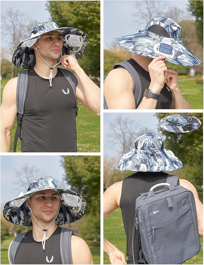 Mens Sun Hat with 2 Fan, Summer Cooling Wide Brim Bucket Hat, Beach Hat Garden Hat, Solar + USB Dual Power Supply