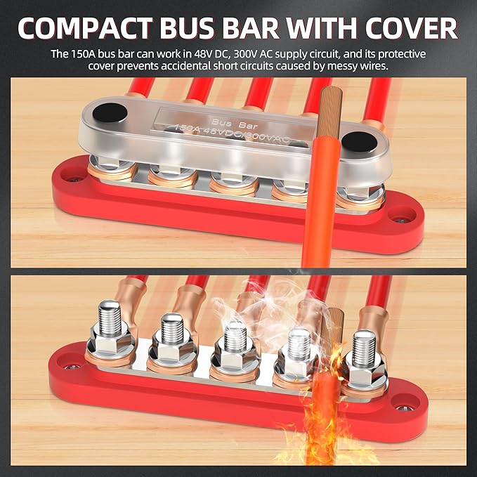 DaierTek Power Distribution Block with Cover Mini 5 x 1/4" Studs Bus Bar Terminal Block Max 150A 48V DC 300V AC Positive & Negative for Automotive Car Marine