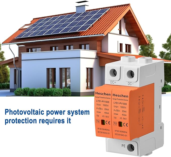 Heschen Surge Protective Device for PV, LYD1-PV1000, 2P 1000VDC 20-40KA, 35mm DIN Rail Mounting, for Lightning Protection Power Distribution and Control Appliances (1)