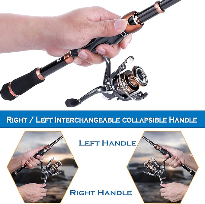 PLUSINNO Fishing Rod and Reel Combos, Bronze Warrior Toray IM6 Carbon Matrix Telescopic Fishing Rod Pole, 12 +1 Shielded Bearings Stainless Steel BB Spinning Reel, Travel Freshwater Fishing Gear