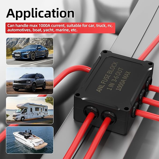 DaierTek ANL Fuse Holder M8 Stud Terminals Max 1000A Marine ANL Fuse Block 1 In 3-6 Out ANL Fuse Block with 200A 400A 600A 800A ANL FUSE for Automotive Car Truck Boat