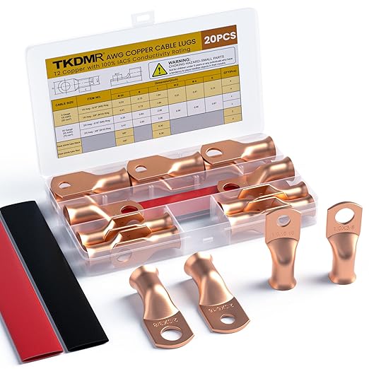 Heavy Duty 2/0 & 1/0 AWG Battery Lugs Kit - 3/8" & 5/16" Ring Terminals with Heat Shrink Tubing (16-Piece Set) - Pure Copper Cable Ends for Automotive, Marine, Solar Power Connections