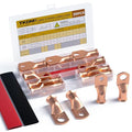 Heavy Duty 2/0 & 1/0 AWG Battery Lugs Kit - 3/8" & 5/16" Ring Terminals with Heat Shrink Tubing (16-Piece Set) - Pure Copper Cable Ends for Automotive, Marine, Solar Power Connections