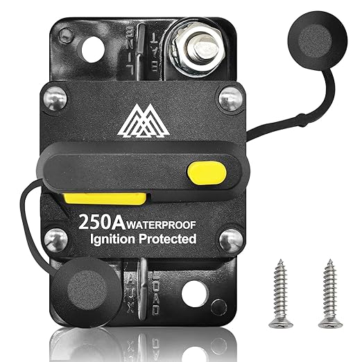 Waterproof 250A Circuit Breaker Fuse Holder 12V- 48V DC Manual Reset Switch for Boat Trolling Motor Marine ATV Trailer Vehicles Stereo Audio Electronic Battery Solar System w/2 Screws