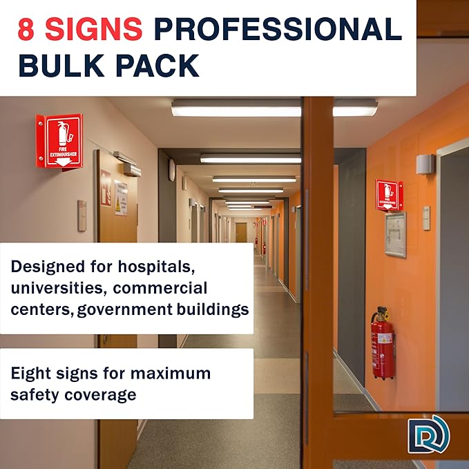8 PC Fire Extinguisher Signs, 6 Inch Fire Extinguisher Two-Sided Acrylic Projecting V-Sign with Down Arrow, Including Screws