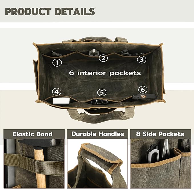 Canvas Large Tool Bag - A Large Main Pocket and 14 Insert Pockets - Durable 16oz Waxed Canvas Tool Case with Handle - 16.5 X 7 X 12 inch | ArmyGreen