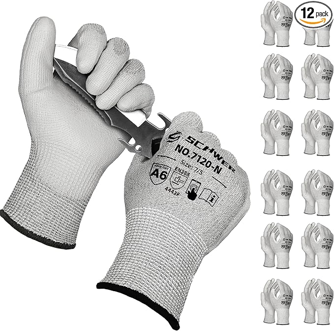 Schwer 12 Pairs Cut Resistant Gloves ANSI A6/A7 (Send Randomly) CR7120 Cut Proof Work Gloves, Touchscreen, for Men and Women Used for Woodworking, Glass Cutting, Construction, Car Repair, S