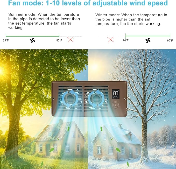 Register Booster Fan for 4" x 10" Vents Only, 10 Speeds to Control Cool and Warm Airflow, Air Conditioning Vents with LED Screen Remote & Thermostat Control, for Room Walls & Floors (Brown)