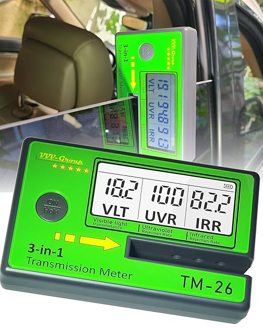 Digital Window Tint Meter TM-26 – Automotive VLT Tester with UVR & IRR Measurement, 8mm Slot Light Transmittance Meter for Car Side Windows and Solar Film Inspection (with PU Case)