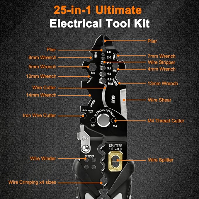 25-in-1 Multifunctional Wire Stripper - Professional Wire Stripper Tool for Cutting Crimping, Compatible with 16 AWG to 6 AWG Wires - Versatile Wire Strippers Electrical for Industrial & Home Use