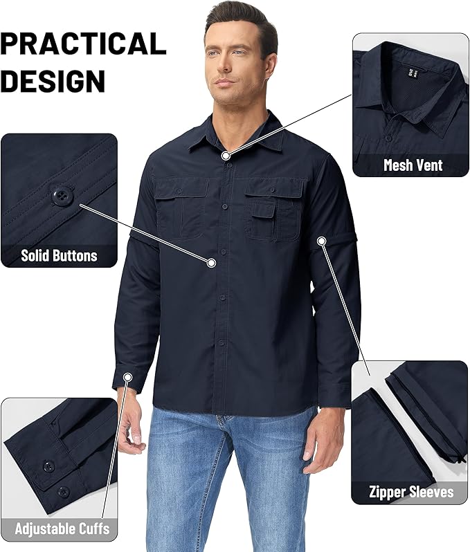 TACVASEN Men's Convertible Long Sleeve Fishing Shirts Lightweight Quick Dry Button Up Tactical Sun Shirts for Safari Hiking