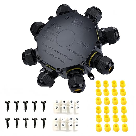 IP68 Waterproof Junction Box Outdoor,8-Way Electrical Cable Big Box Outdoor with 8Way M25 Gland Wire Connector Extension Electrical Cable Project Protector for Diameter Cable Ø4-14mm Black