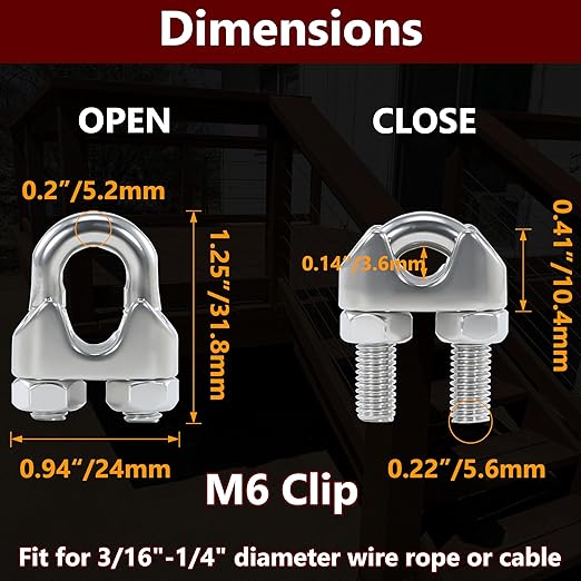 10Pcs M6 1/4 Inches Stainless Steel Wire Rope Cable Clip Clamp